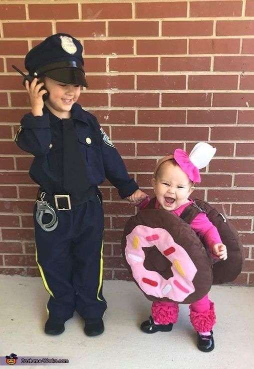Cop and donut Halloween costumes for sisters