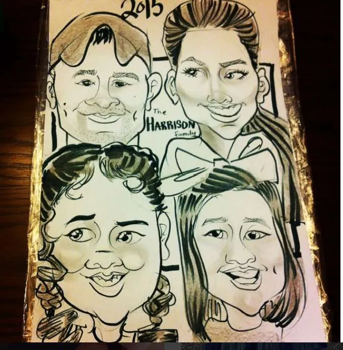 family caricature drawn at the Houston Aquarium