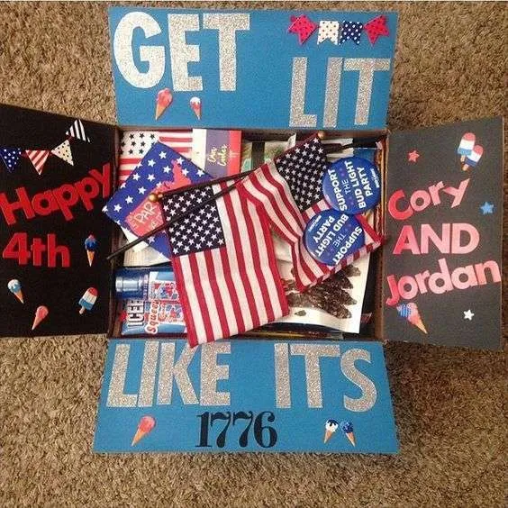 4th of July Care Package that says: Get Lit Like It's 1776, Happy 4th Cory and Jordan!
