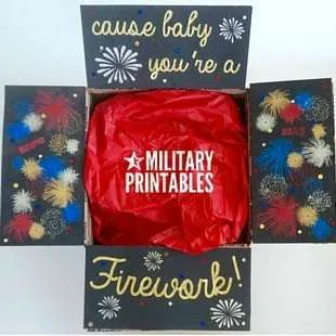 4th of July care package that says, "Cause baby you're a firework!"