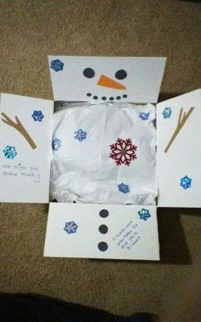 Christmas care package decorated as a snowman