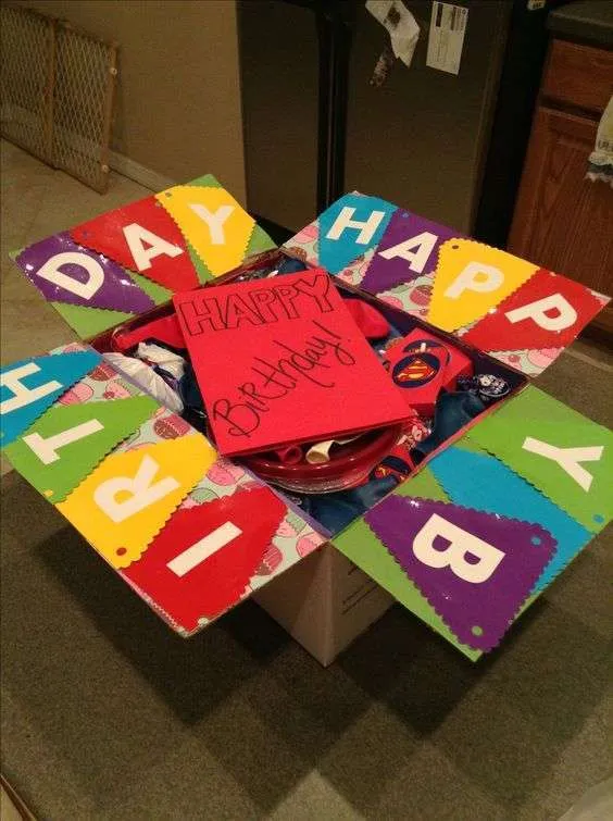 birthday care package decorated with colorful pennants