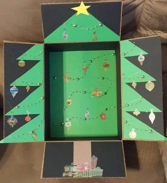 Christmas care package box decorated like a Christmas Tree