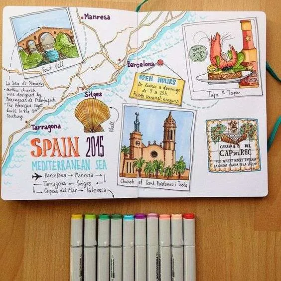 Bullet Journal travel layout with illustrations.