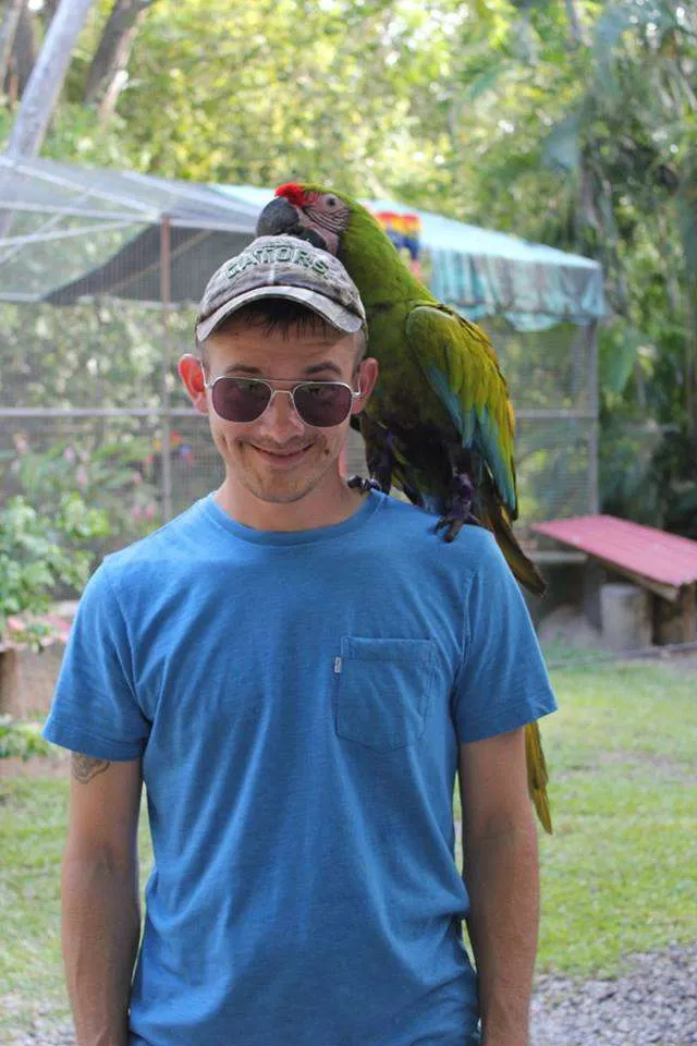 Take a picture with exotic birds at Gumbalimba Park in Roatan
