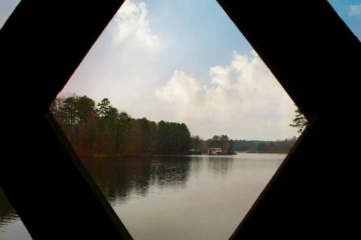 View of Stone Mountain Lake from the covered bridge.