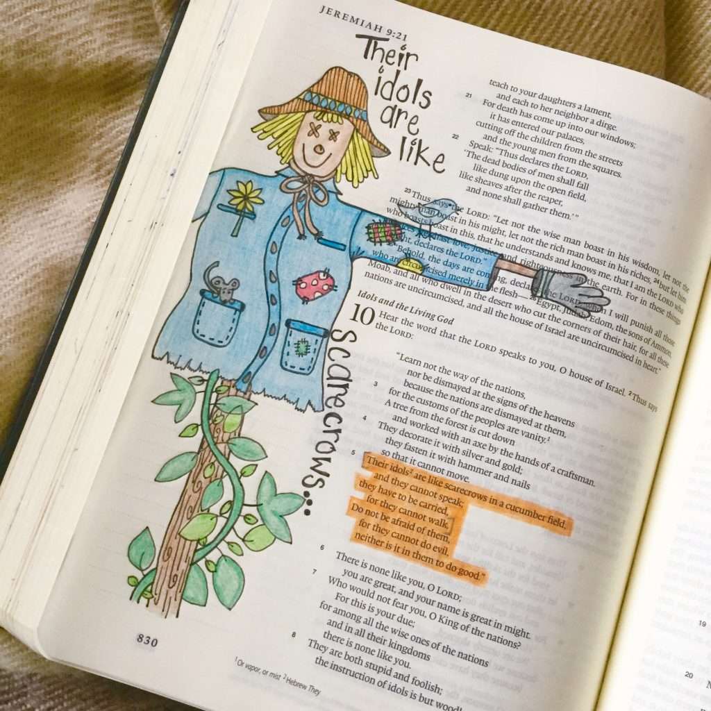 Scarecrow drawing in my art journaling Bible.