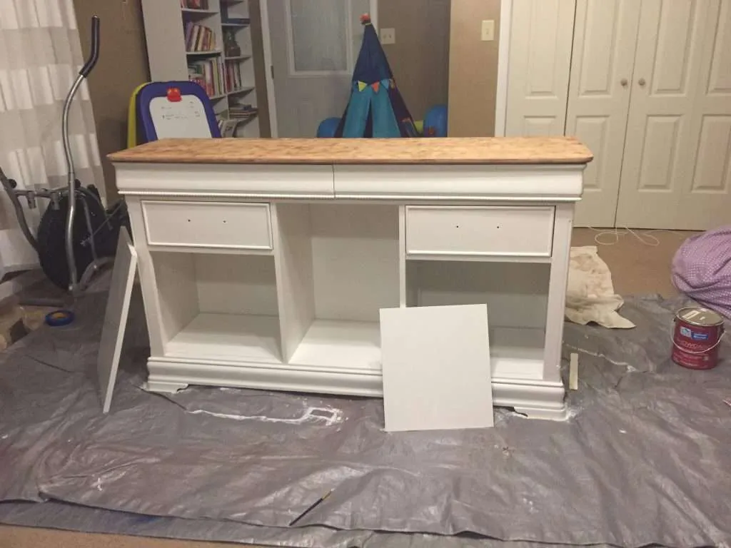 The farmhouse buffet after primer and paint.