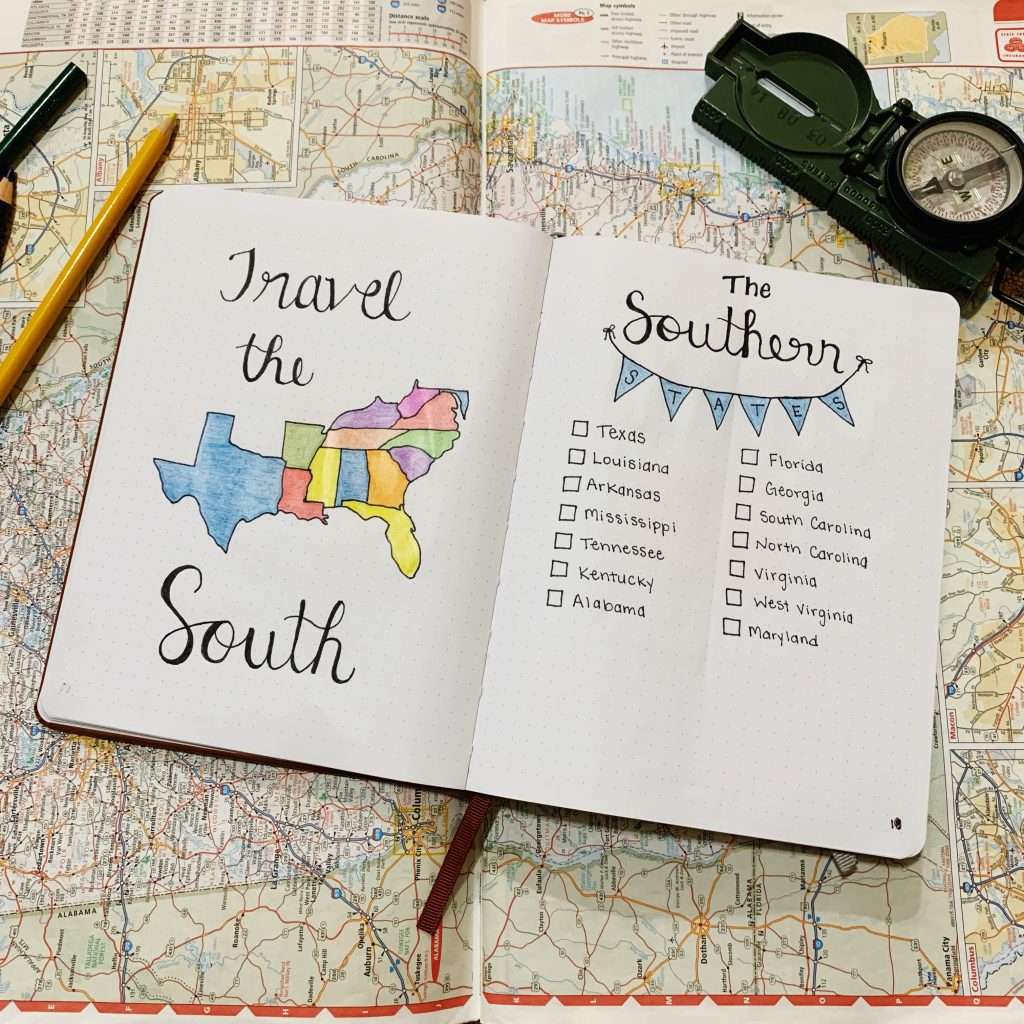 Travel the South spread in my bullet journal. 