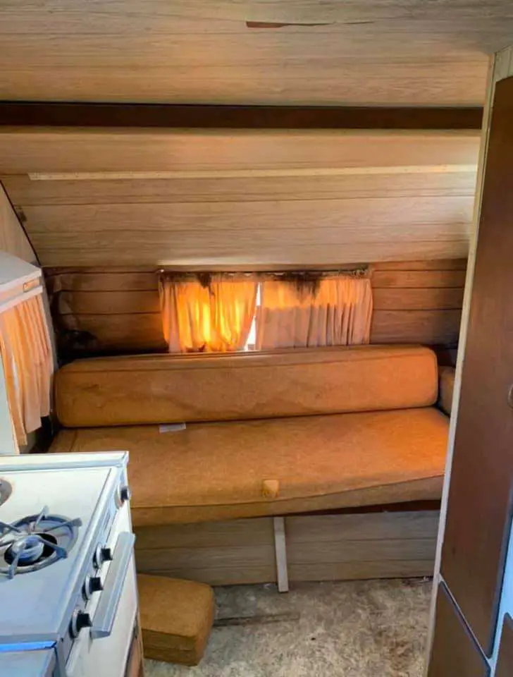 The couch/pull out bed in our Vintage Camper.