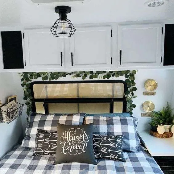 Mixing patterns is a great idea in a farmhouse camper interior.