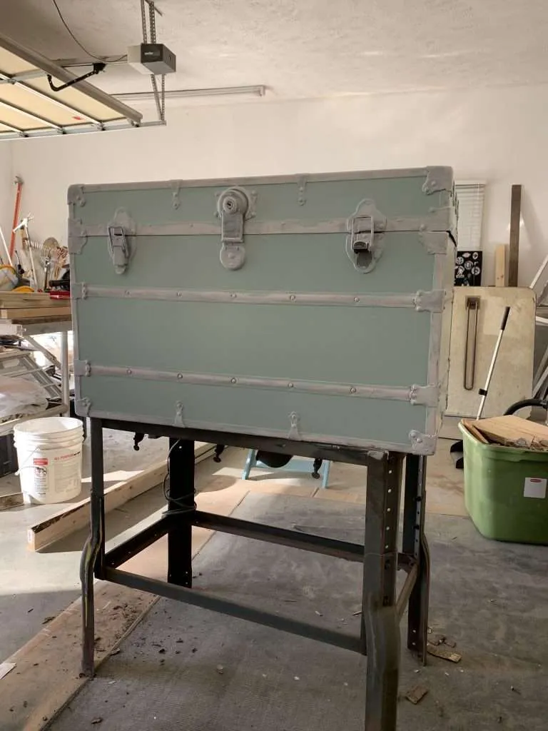 After painting the wooden portions of the steamer trunk.