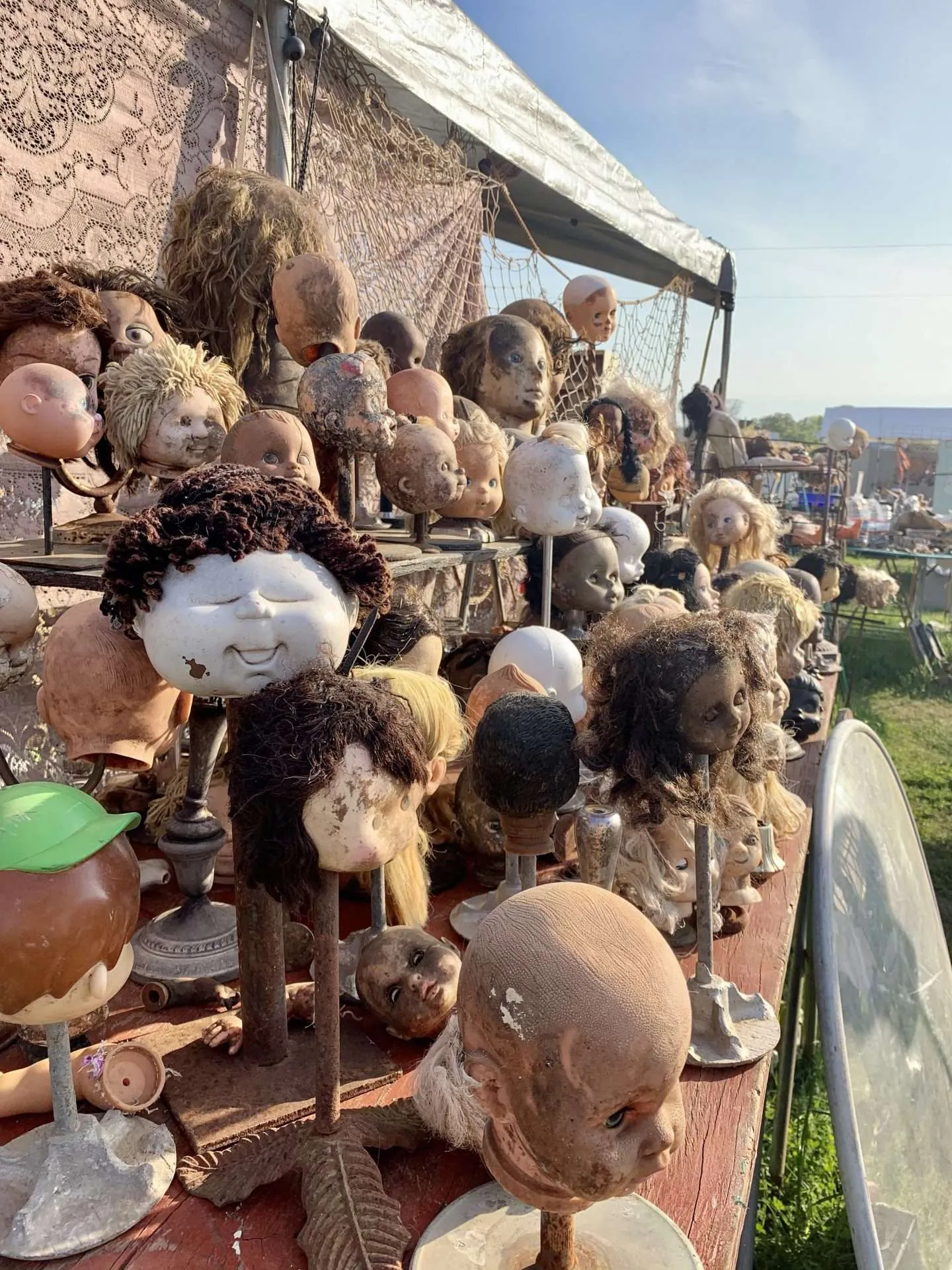 Creepy baby doll heads on sticks at the Round Top Antique Show.