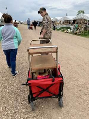 Using a wagon to pull our purchases at the Round Top Antique Show.