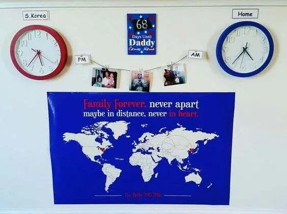 Deployment Wall Ideas: two clocks for the different time zones you're in