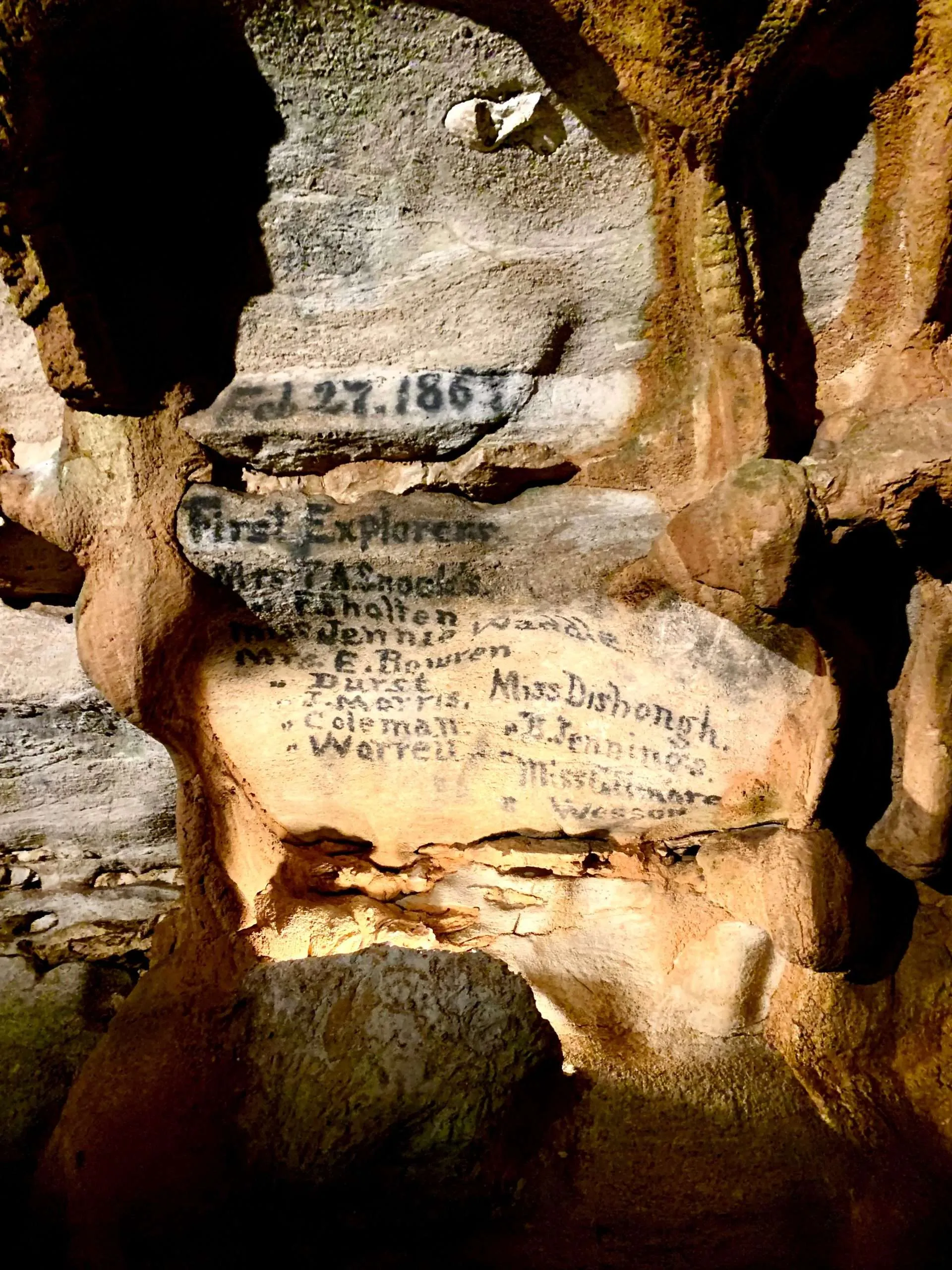 names of the explorers of Fantastic Caverns written on the cave wall