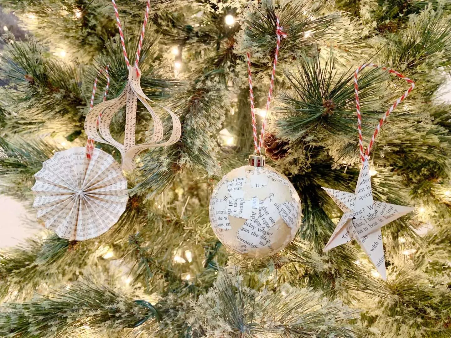 Bookish Christmas tree ornaments made from vintage book pages.