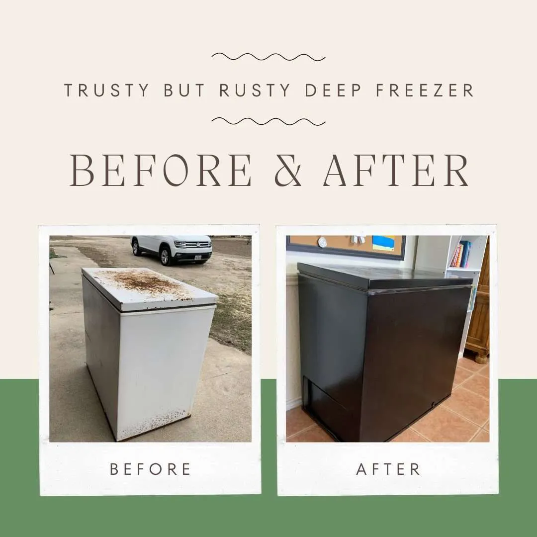 Before and after painting a rusty deep freezer.