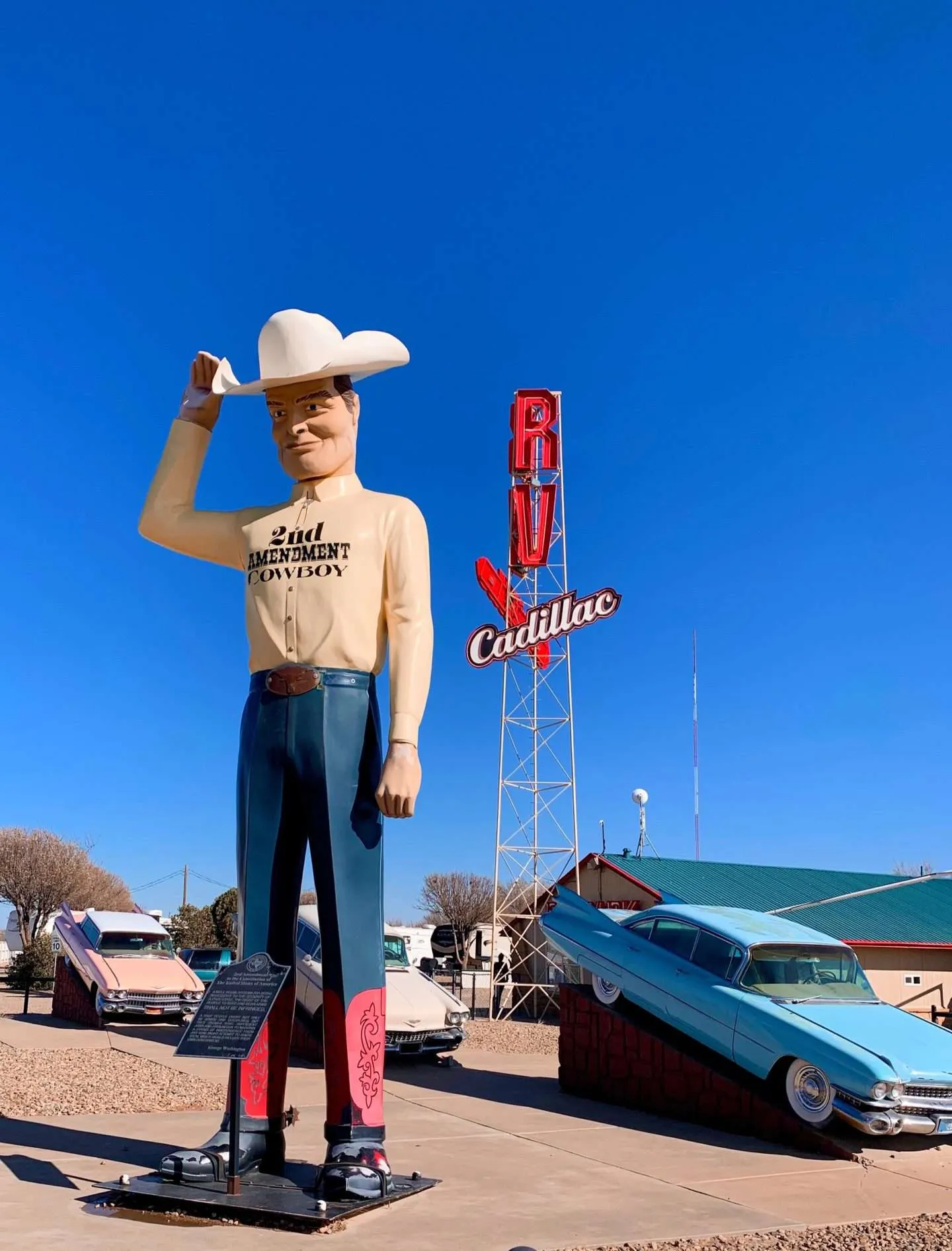 The 2nd Amendment Cowboy standing tall near Cadillac Ranch in Amarillo, Texas.