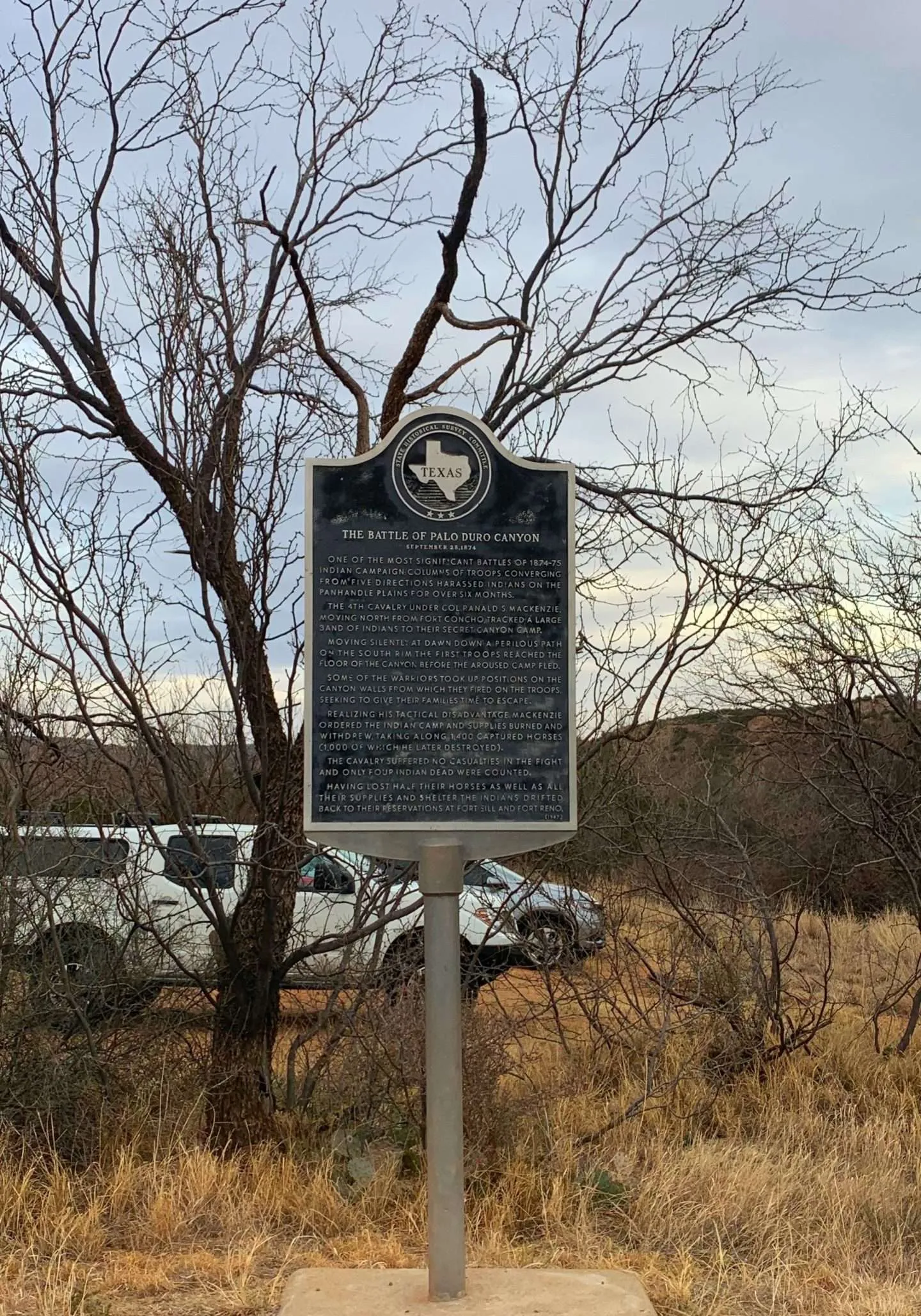 Historical marker commemorating the Battle of Palo Duro in the State Park.