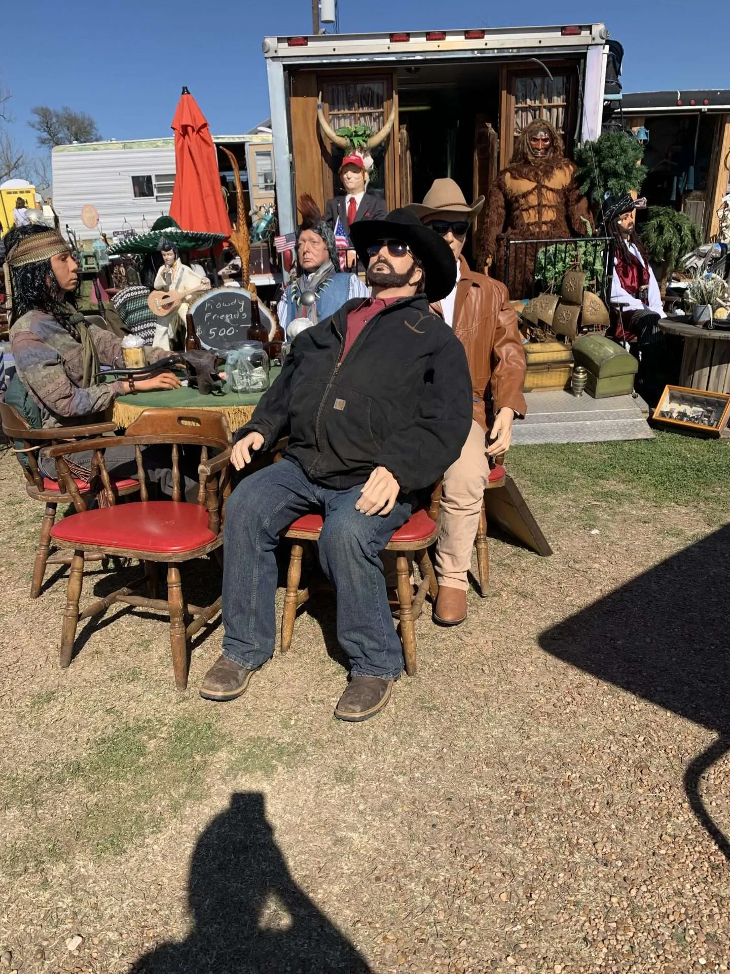 Mannequin dressed up to look like Yellowstone character Rip at the fields in Warrenton, Texas during the Round Top Antique Show.