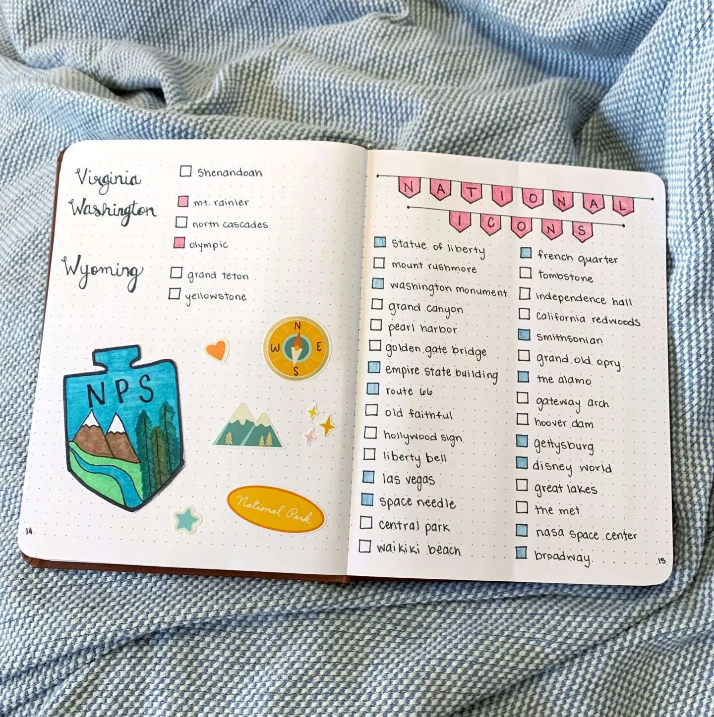 List of National Parks and National Icons in my travel bullet journal.