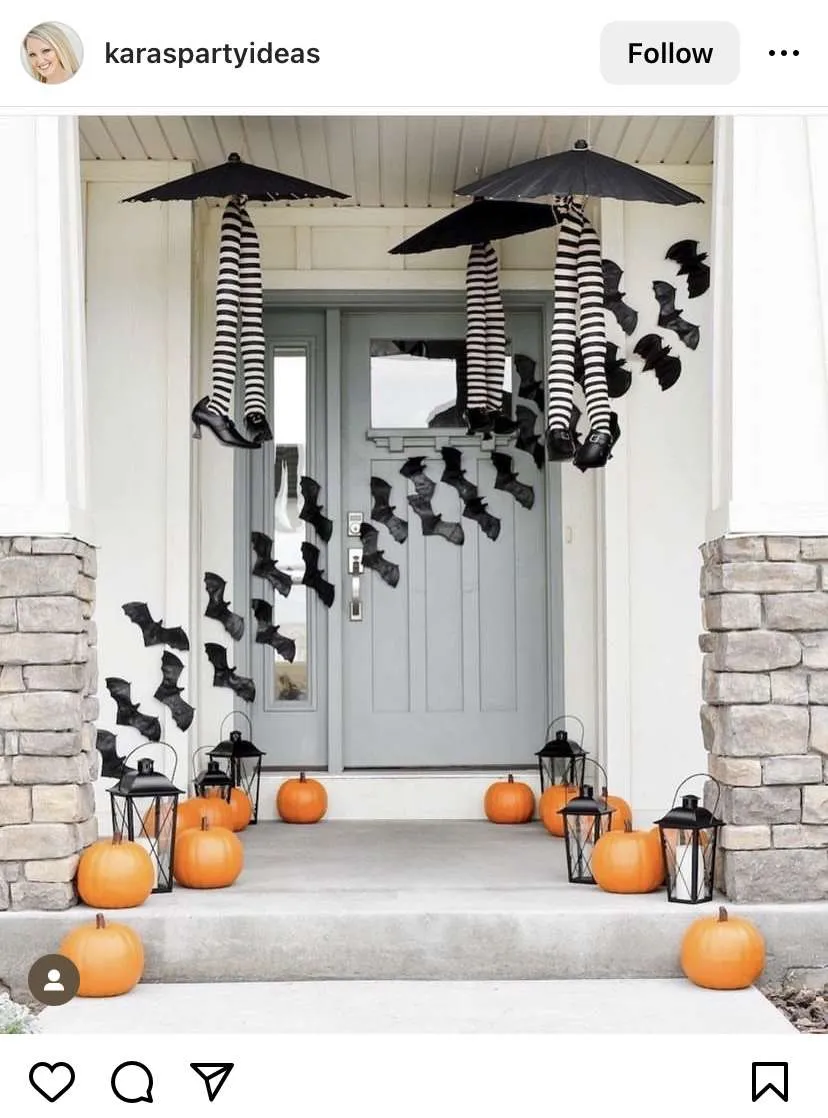 Halloween porch ideas: hanging witch legs.
