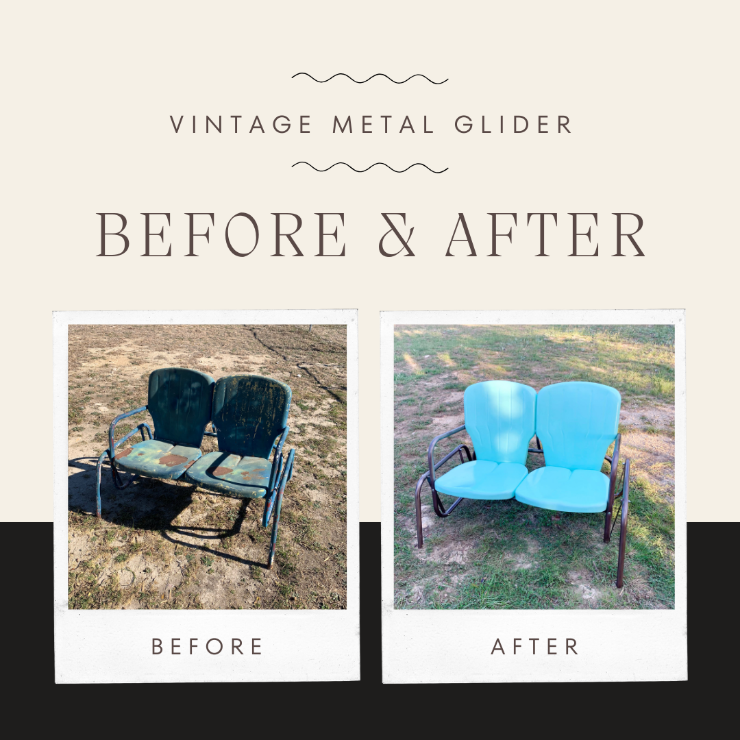Before and after pictures of a vintage metal glider | Finding Mandee
