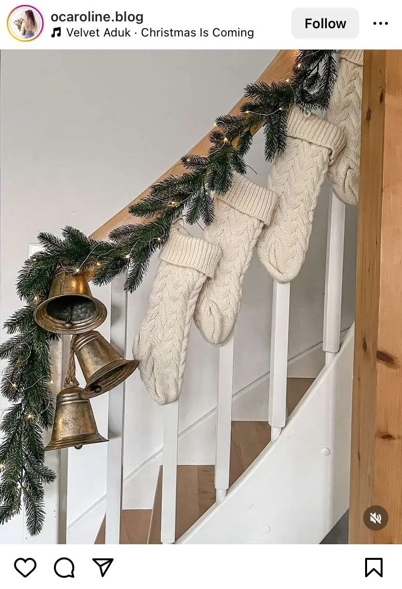 Christmas staircase decorating ideas: stockings and bells