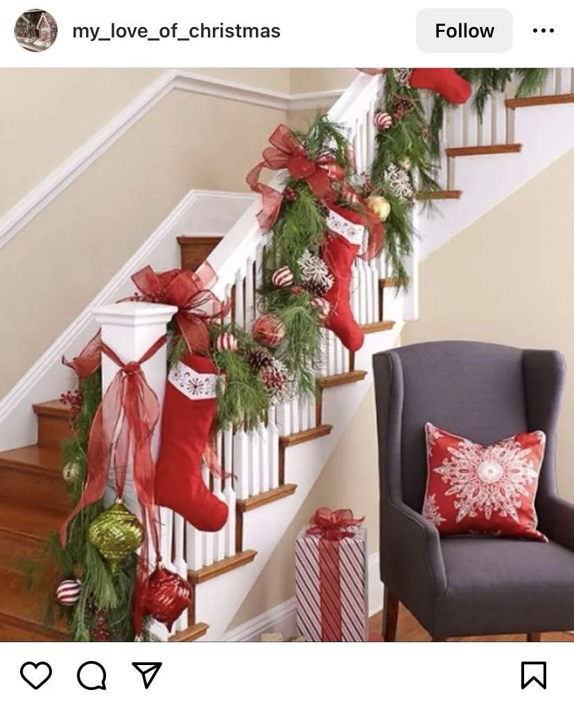 Christmas staircase decorating ideas: stockings and garland.