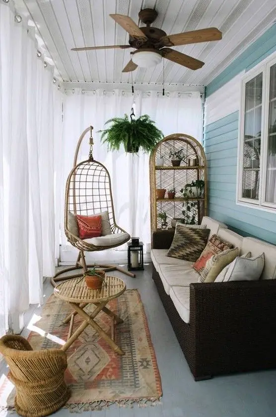 Decorate your narrow porch with a hanging chair.
