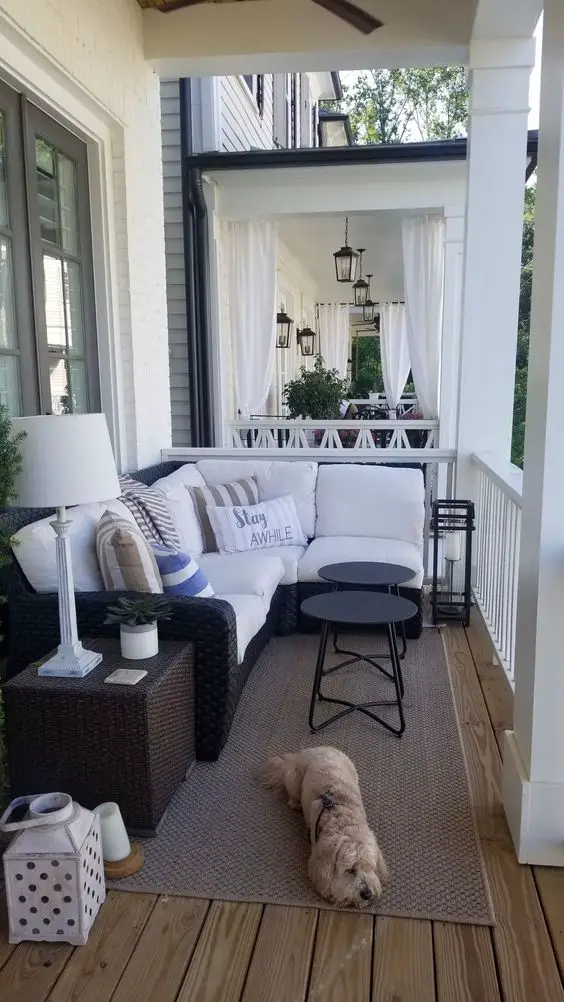 How to decorate a narrow porch: use a small sectional for seating.